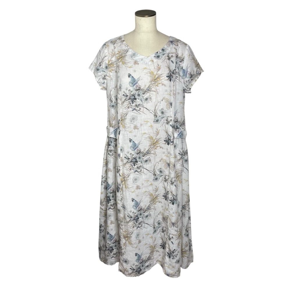 YUVITA Butterflies Floral & Tea Dress Luxury 100% Linen Dress Size XL Lagenlook